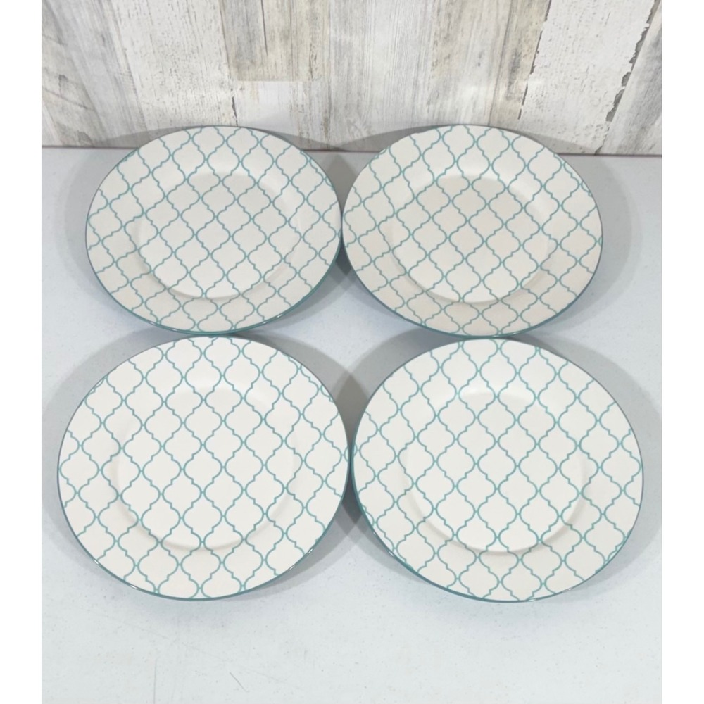 Baum Moroccan 10.75" Dinner Plates Set of 4‎ Teal White Quatrefoil Trellis